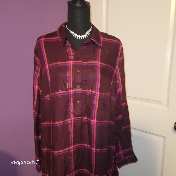Old Navy Burgundy and Pink Plaid Oversized Shirt Dress - Picture 2 of 7